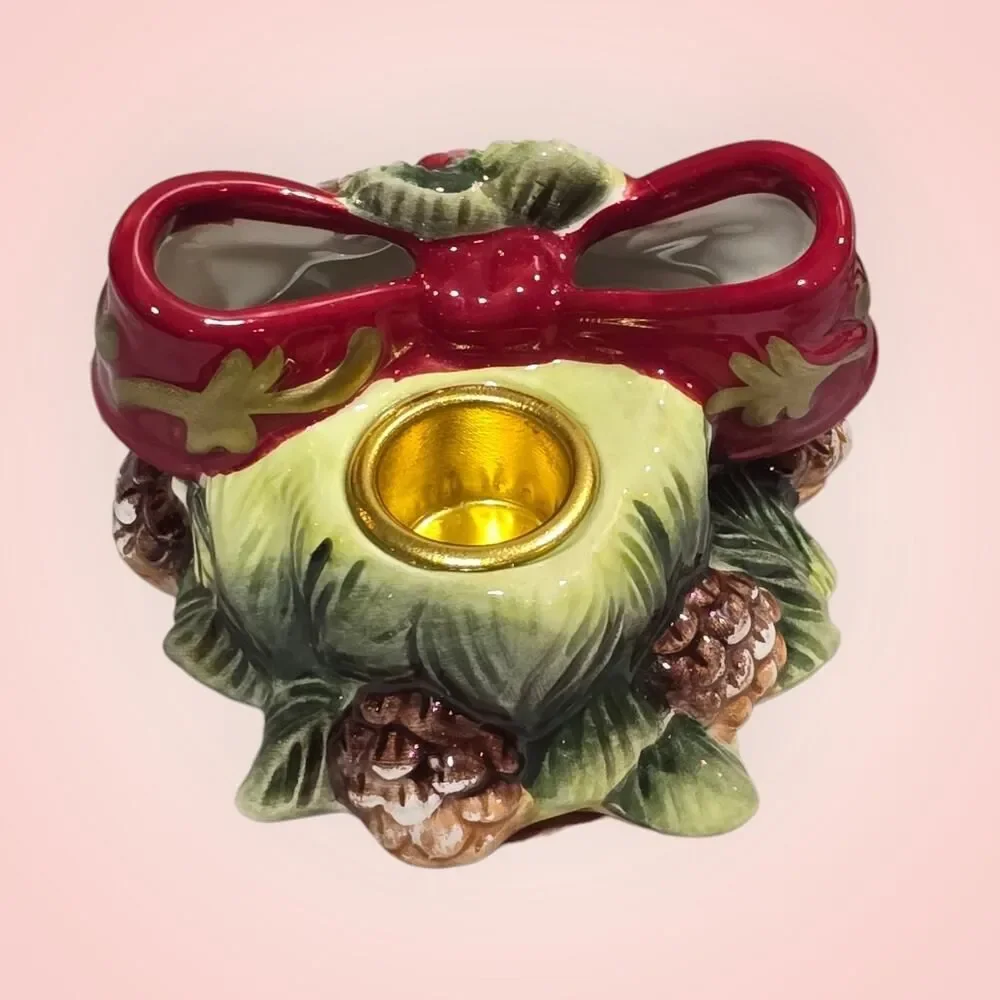 VTG Ceramic Christmas Wreath Candle Holders With Pinecones And Red Bow‎ 3D